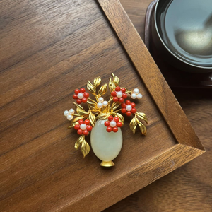 Nouvelle broche chinoise en forme de vase et de fleur, en jade Hetian naturel, corail de bambou et perle, plaquée or, cadeau - Product Image 2
