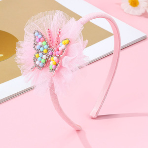 Diadema de mariposa de tul rosa para niños, con cuentas coloridas y diamantes de imitación, aro para el pelo de princesa, accesorios dulces para el cabello de niños para actuaciones - Product Image 1