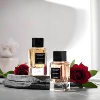 Flacon de parfum en verre transparent de luxe personnalisé avec un design imprimé, 30 ml, 100 ml, 50 ml, carré, premium, vide, avec bouchon noir
