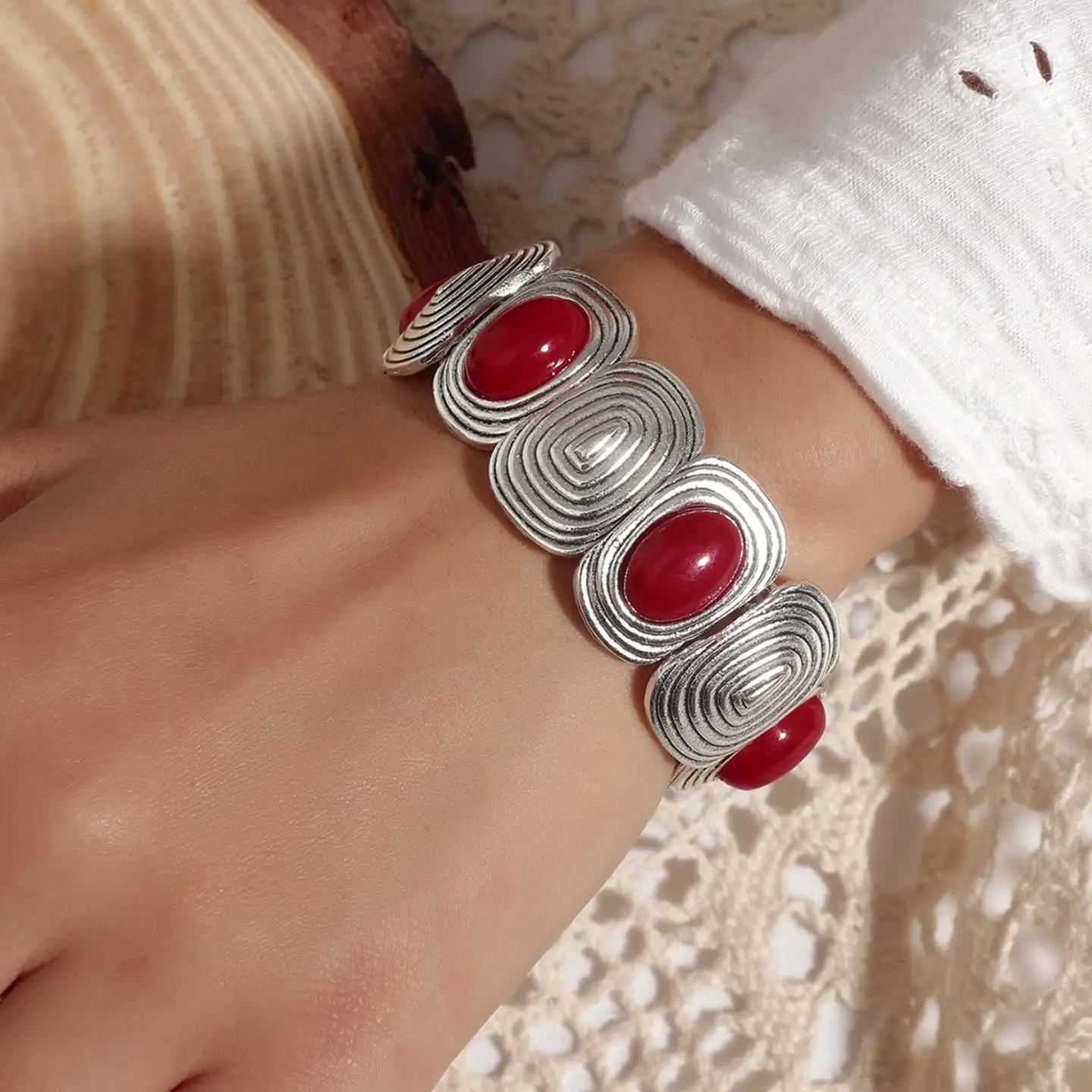 Retro Boho turchese braccialetti femminili gioielli etnici indiani da sposa di lusso inserto grande gemma di agata rossa bracciale elastico bracciale