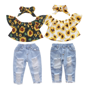 Conjunto de 3 piezas para niña, Top con estampado de girasoles y hombros descubiertos, pantalones vaqueros rasgados, diadema, trajes para niños pequeños, ropa de verano para niños, 2021 - Product Image 1