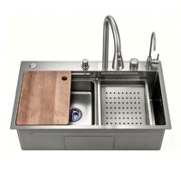 Évier de cuisine multifonctionnel en acier inoxydable couleur bronze, poste de travail avec évier simple, robinet extractible et sortie cascade, complet