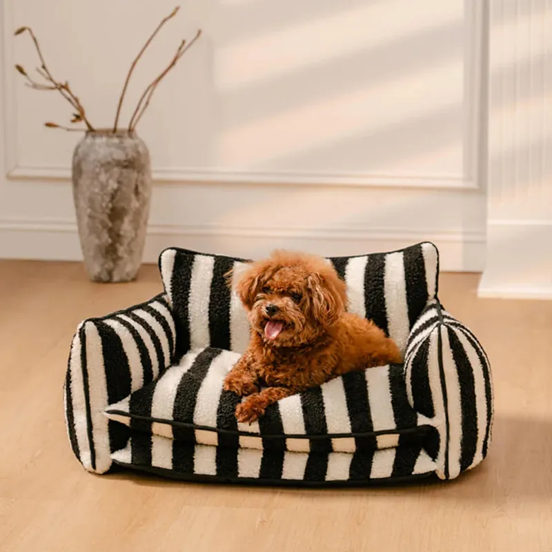 Роскошный диван-кровать для собак в полоску, из овечьей шерсти, двухслойная кровать для собак, кошачий диван, товары для собак