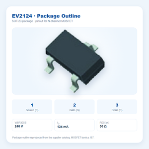 ทรานซิสเตอร์ <span class=keywords><strong>MOSFET</strong></span> แบบ <span class=keywords><strong>N</strong></span>-<span class=keywords><strong>Channel</strong></span> รุ่น EvolE 240V 134mA ชนิด SOT-23 ระดับลอจิก 0.8-2V ค่า RDS(on) ต่ำ 30 โอห์ม สำหรับการสลับสัญญาณและการเปลี่ยนระดับสัญญาณ รุ่น TN2124 - Product Image 2