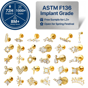Piercing Labret JIAXIN in Titanio Grado Impiantabile ASTM F136 con Zircone e Placcatura in <span class=keywords><strong>Oro</strong></span> 18K, Filettatura Interna, per <span class=keywords><strong>Helix</strong></span>, Tragus, Labbra - Product Image 1