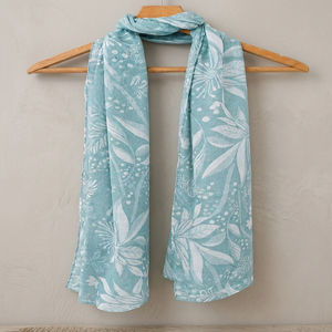 Luxury Botanical Blue Dobby Weave <b>Scarf</b> - Soft Digital Printed Poly Wrap & Tassel Travel <b>Shawl</b> - Product Image 1