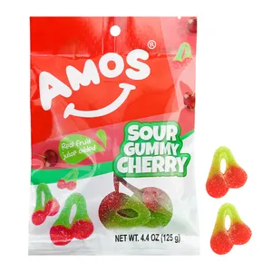 Amos kustom Halal grosir asam buah Gummy Candy Jelly bentuk ceri rasa Gummies permen manis