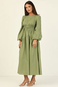 Robe <span class=keywords><strong>longue</strong></span> <span class=keywords><strong>longue</strong></span> à manches longues ballon <span class=keywords><strong>et</strong></span> col rond de couleur unie pour femme de style australien - Product Image 4