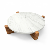 Plateau rond en marbre avec support en bois, dessous de plat en marbre avec support en bois d'acacia, présentoir en marbre et bois massif avec base croisée