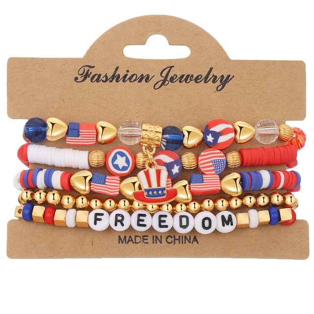 KISSWIFE 5Pcs/Set Vintage Twisted Flag Gold Bead Alphabet Ajustable  Charm Bracelet Set for Women Men Independence Day Jewelry