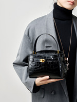 Sac à main carré à rabat en cuir de vache véritable pour femme, motif crocodile