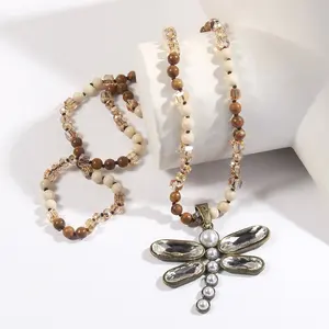 Joyería tribal Collar de lava de piedras preciosas 6mm Mapa Piedra Anudada Perla Cristal Libélula Colgante Collar - Product Image 1