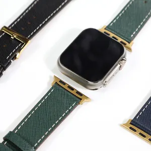 Relógio inteligente Saffiano italiano com pulseiras de couro legítimo preto azul, pulseira de relógio de liberação rápida para Apple Series 8 7 6 5 4 3 2