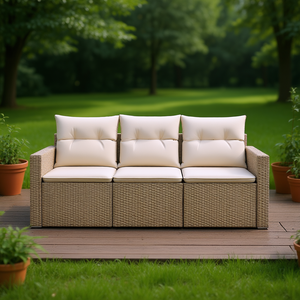 Ensemble de canapés de jardin beige 3 places en rotin, mobilier d'extérieur au design contemporain - Product Image 2