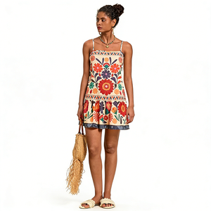 Vestido Mini Estampado Floral para Mujer con Tirantes Finos, Estilo Boho, Corte en A, Primavera/Verano, Casual, Bordado a Mano, Vestido de Algodón - Product Image 2