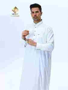 Al Haramain <b>Men's</b> White Long Sleeve <b>Thobe</b> Floor Length Cotton Prayer Robe Solid Modest Middle East Style Regular Fit - Product Image 2