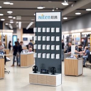 Support d'affichage en métal avec panneaux perforés et tiroirs en bois pour écouteurs et accessoires de téléphone, présentoir de vente au détail suspendu avec crochets - Product Image 1