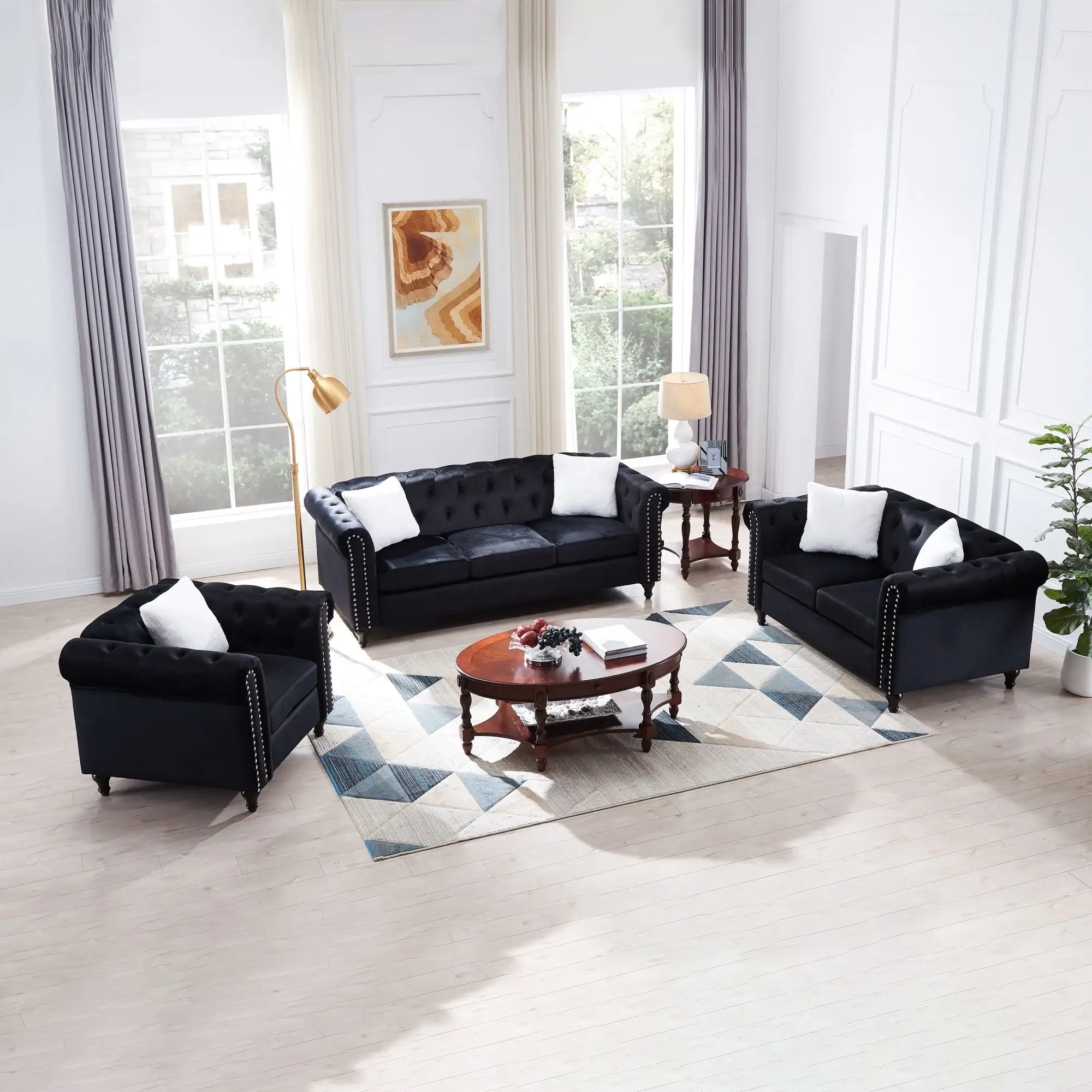 3 PCS Living Room Sofa Set, 3-Seater, Loveseat and Chair, with Five White Villose Pillow, Black Chesterfield Couch