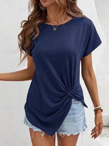 Mono de manga corta con cuello redondo para mujer, dobladillo anudado, camiseta informal de vacaciones con textura hueca, tops bonitos - Product Image 3