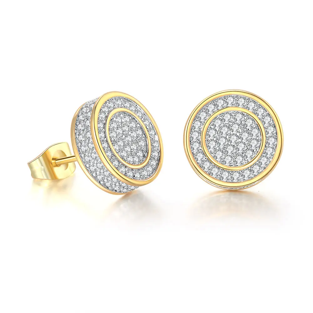 Hip Hop Ear Ring Jewelry Iced Out Sparkling Micro Zircon Diamond Pave 12mm Round Stud Earring for Mens