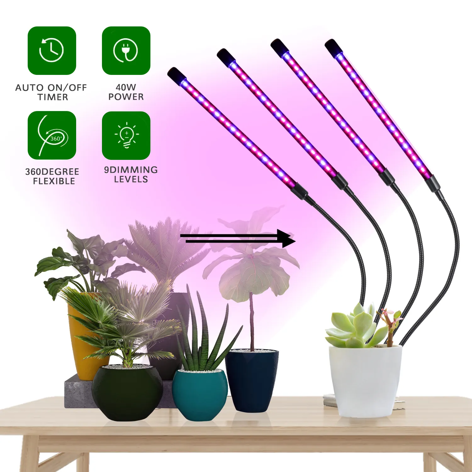 Luz led de crescimento flexível com clipe para mesa, 4 cabeças, espectro completo, regulável, com temporizador, usb, luz de crescimento 2022