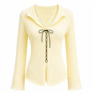 Vintage Fitted Woven 100% Silk Eco-Friendly <b>Cardigan</b> with <b>Lace</b> up Front Scallop Hem Lantern Sleeve for Color Autumn Wear - Product Image 4
