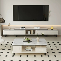 Meuble TV extensible avec panneau de tiroir à rainures ondulées, console multimédia à compartiment central ouvert, support TV rétractable