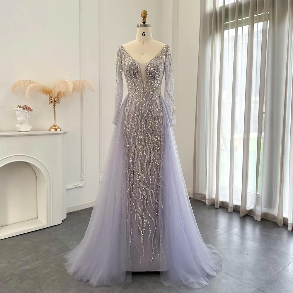 LSCZ22 New Elegant Girl Prom Evening Dress Custom Beads Long Sleeve Sequined Dresses