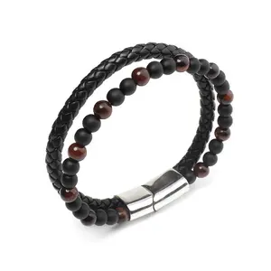 Trendy Gepersonaliseerde Kralen Magnetische Gesp Rvs Dubbele Mannen Lederen Armband Tijgers Oog