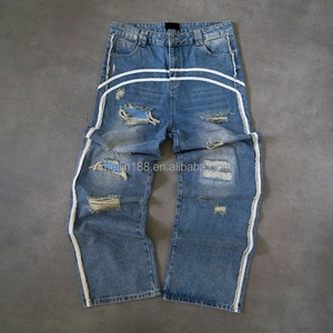 Jeans Manufacturer Custom Distress Wash <b>Black</b> Blue Denim <b>Pants</b> High Quality Stripe Flared Baggy Denim Jeans Custom - Product Image 2