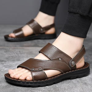 Sandalias Planas de Cuero Genuino para Hombre, Punta Abierta, Suela de Goma, Zapatos Casuales de Verano, Antideslizantes, Primera Capa de Piel de Vaca, Calzado de Playa - Product Image 1