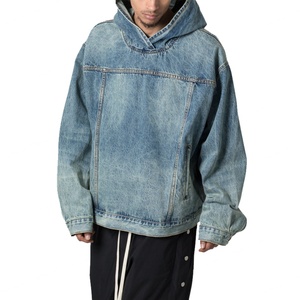 เสื้อฮู้ดดี้เดนิมผู้ชายแบบสวมหัวทรงโอเวอร์ไซส์ ตัดต่อผ้าแบบแพทช์เวิร์ค หนา คุณภาพสูง สไตล์วินเทจ สีน้ำเงิน ทำสีซีดแบบดิสเทรส ขายส่ง - Product Image 5