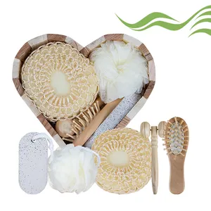 Wood Bath Brush Set Promotional 6Pcs Spa Bath Beauty Gift Set Wooden Bath Set Including Hair Brush Pumice Stone Bath Pouf Sisal Sponge Massager