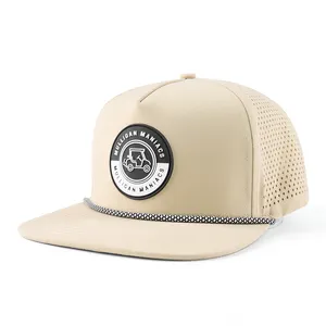 BSCI Oem Custom Pvc Logo 5 Panel Nylon Rope Snapback Cap Flat Bill Unstructured Gorras Waterproof Laser Cut Hole Perforated Hat