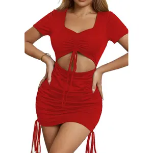 2024 cross-border new women's dress Europe and the United States hollow short sleeve V-neck strap pure cotton bag hip sexy dress