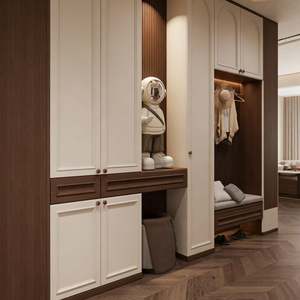 Custom Built in <b>Wardrobe</b> Cream White and Dark Wood Frame With Open Display Center and Closed Side Cabinets - Product Image 1