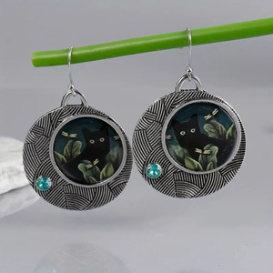 Orecchini pendenti vintage a forma di gatto per donna, gioielli artistici etnici di tendenza - Product Image 3