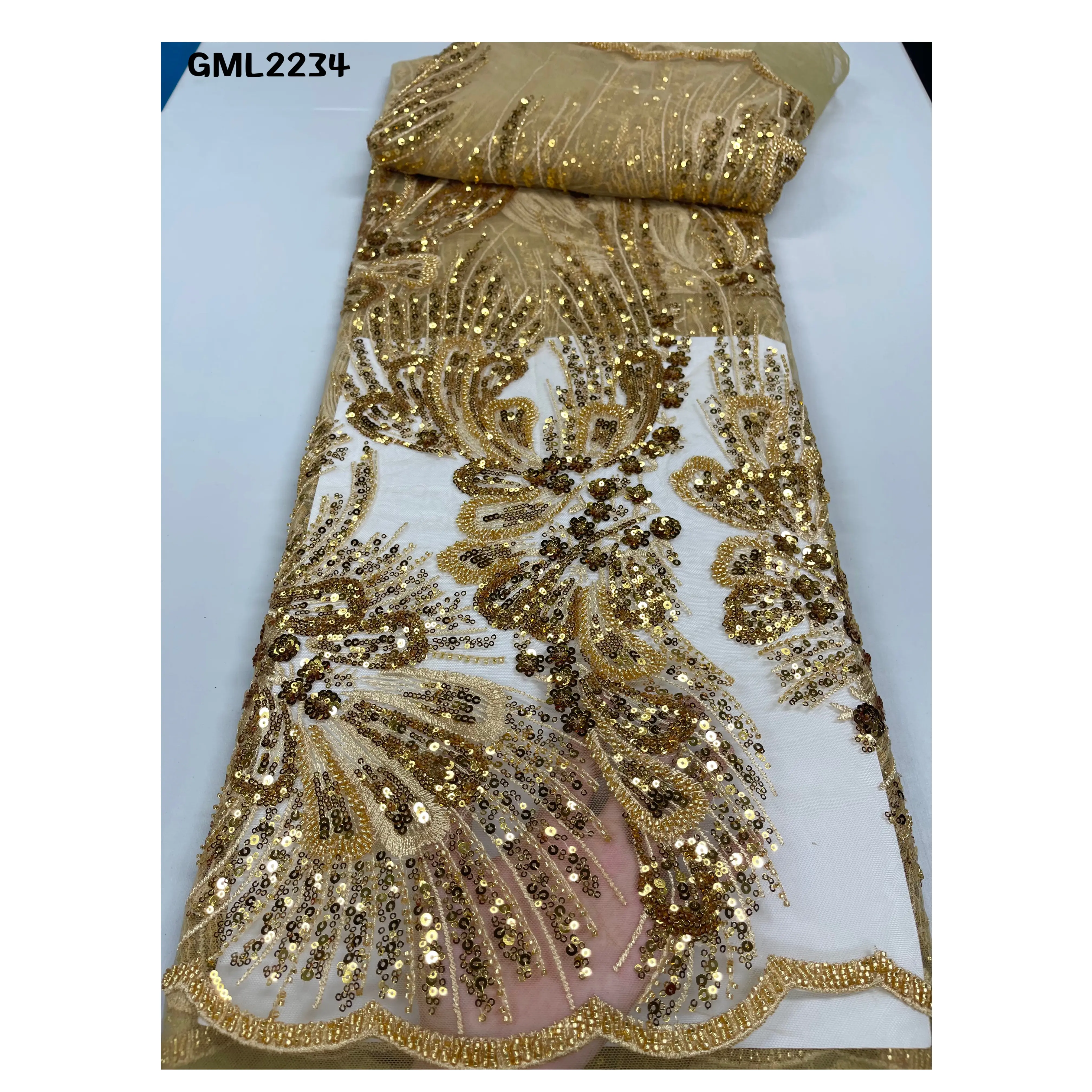 Shinny material nigerian dress 2022 bridal fabric lace shiny sequin beaded African big sequins lace embroidered fabric