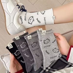 Cute Cartoon Kitten <b>Socks</b> Women's Seamless Mid Calf Breathable Sweat Absorbing Odor Resistant Gray White <b>Black</b> Anime Pattern - Product Image 2