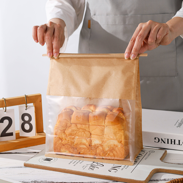 Compostable Kraft Paper Bread Bag with Magnetic Closure Display Window Custom Logo Option Eco Pack for Supermarket Bread Retail