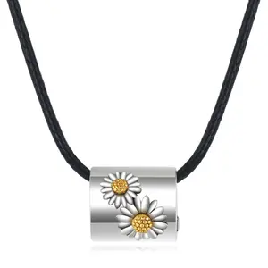 Großhandel weiß vergoldet 925 Sterling-Silber Sonnenblumen-Mini-Urne Lederkette