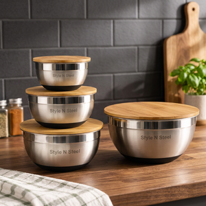 Stainless Steel <b>Mixing</b> Serving <b>Bowl</b> <b>With</b> Bamboo <b>Lid</b> Polished Fruit Salad <b>Bowl</b> for Kitchen Counter - Product Image 4