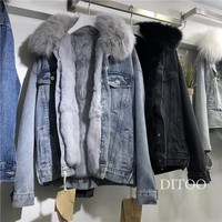 Veste en jean pour femme, épaisse et chaude pour l'hiver, avec col en fourrure amovible