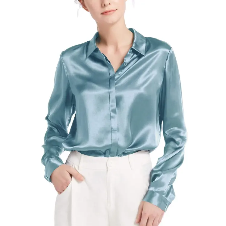 2021 New Arrivals 100% Silk Satin Long Sleeve Turn-Down Collar Button Down Shirt Women Office Lady Blouse