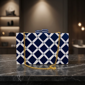 Luxury Blue <b>White</b> Geometric Clutch <b>Bag</b> With Gold Chain Strap Plastic <b>Evening</b> Purse Unique Style New Arrival Latest Design - Product Image 1