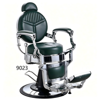 Fauteuil de barbier robuste vert, dossier rond avec surpiqûres géométriques, accoudoirs cantilever chromés et base noire.
