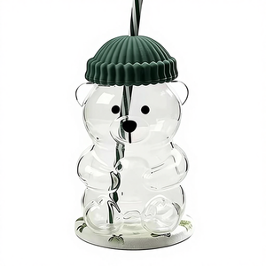 창의적인 INS 스타일 귀여운 곰돌이 모양 빨대컵 고붕규산 유리 물컵 만화 밀크티 인터넷 유명인 컵 - Product Image 1