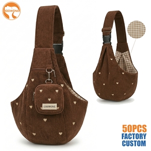 Sac de transport pour animaux de compagnie en velours côtelé brodé cœur, personnalisé OEM, avec laisse, pour chien, mains libres, petit sac de voyage pour chat, sac de promenade - Product Image 1