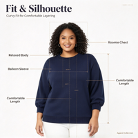 Sweat-shirt à col rond pour femme en coton mélangé et élasthanne, respirant et confortable, grande taille, décontracté, à manches ballon amples