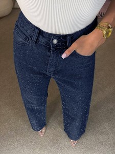 Wholesale 2026 High Waist Diamond Studded Jeans Women Slimming Bleach Washed Straight Leg Solid Summer Casual <strong>DenimPants</strong> Elegant - Product Image 1